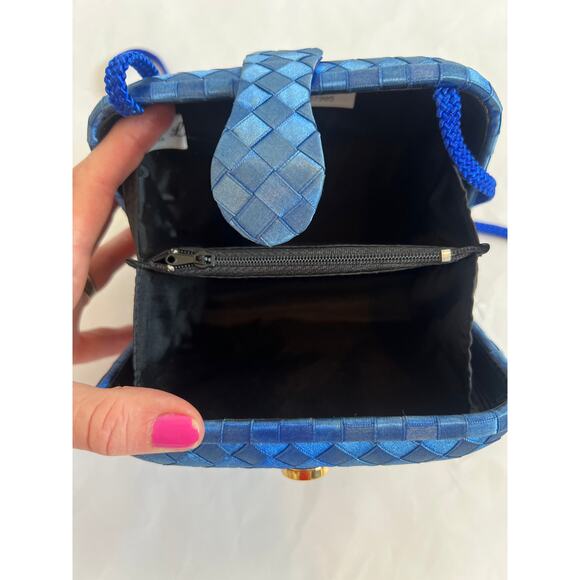 REGALE SMALL BLUE SATIN INTRECCIATO CLUTCH CROSSBODY PURSE WITH CORD STRAP - Picture 7 of 13